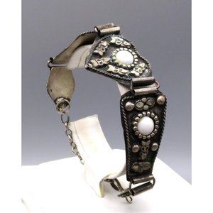 Primitive Silver Etruscan Style Bracelet with Vintage Milk Glass Cabochons